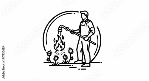 Person using flame torch to clear weeds from a garden