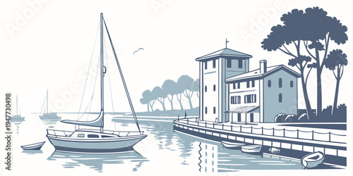 A sailboat in a marina with buildings and trees Vector