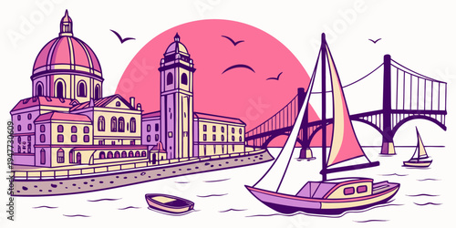 A city skyline with a sailboat and a bridge Vector