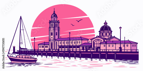 A purple and pink illustration of a city skyline with a sailboat Vector