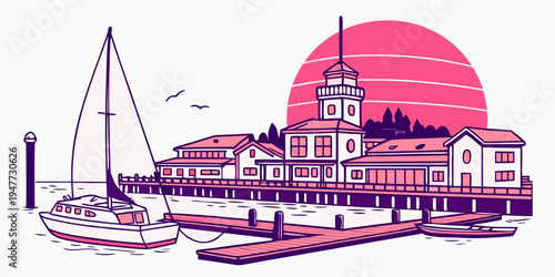 A purple and pink illustration of a pier with a building and a sailboat Vector