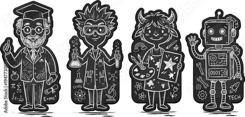 Four Characters Scientist Graduate Robot and Star Child Standing Together illustration