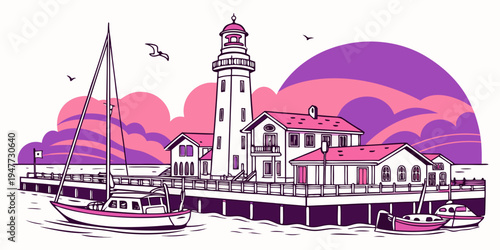 A lighthouse on a pier with a sailboat Vector