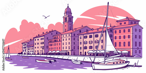 A city skyline with a tall clock tower and sailboats Vector