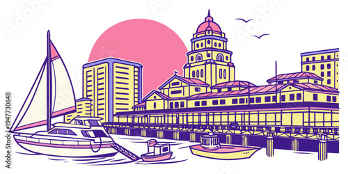 A purple and yellow illustration of a city skyline with a sailboat Vector