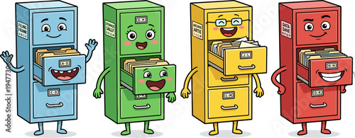 Four Colorful Filing Cabinet Characters With Happy Expressions Standing Side By Side