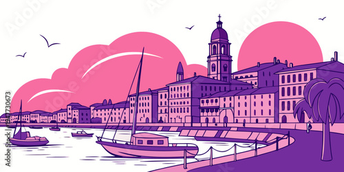 A purple and pink city skyline with a river and boats Vector