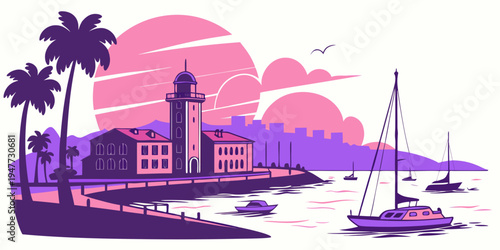 A tropical coastal cityscape at sunset with palm trees and boats Vector