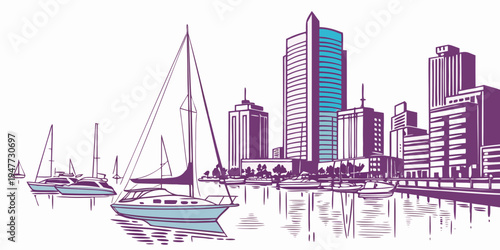 A city skyline with a sailboat in the foreground Vector