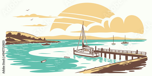 A boat is docked at a pier near the water Vector