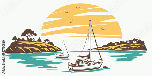 A sailboat on the water near a tropical island at sunset Vector