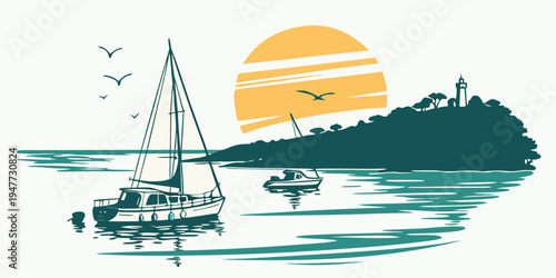 Sailboat on calm waters near island at sunset Vector