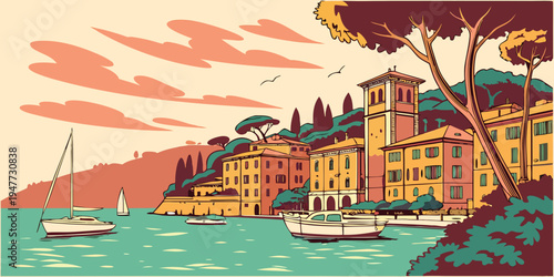 A colorful illustration of a seaside town with boats Vector