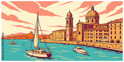 A cityscape with boats on the water Vector