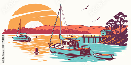 Boats are moored in the harbor at sunset Vector
