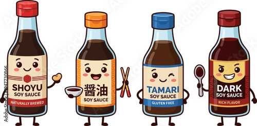Four Cute Kawaii Soy Sauce Bottles With Faces And Arms In Pixel Art Style