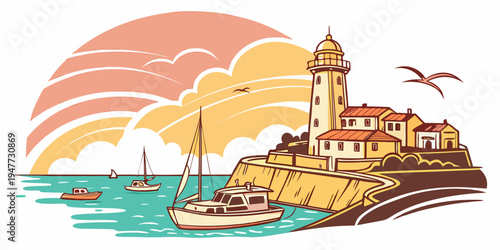 A lighthouse on a rocky coastline at sunset Vector