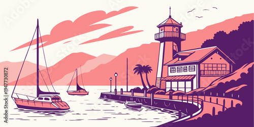 A pixelated lighthouse by the sea with boats Vector