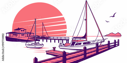 A dock with boats and a sunset in the background Vector