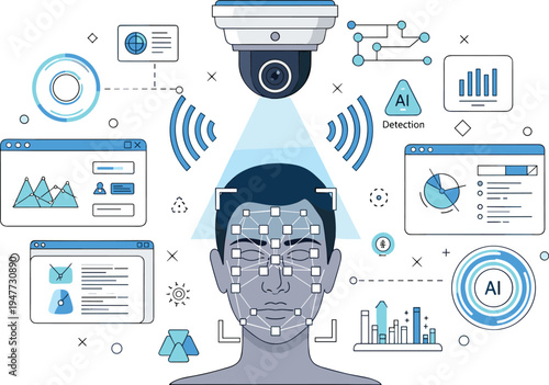 AI Facial Recognition Technology with Security Camera Scanning Human Face Biometric Identification and Artificial Intelligence Data Analysis Vector Illustration