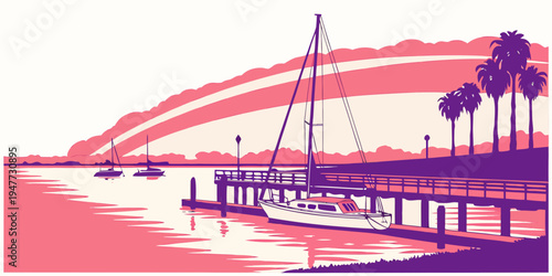 A boat is docked at a pier near palm trees Vector