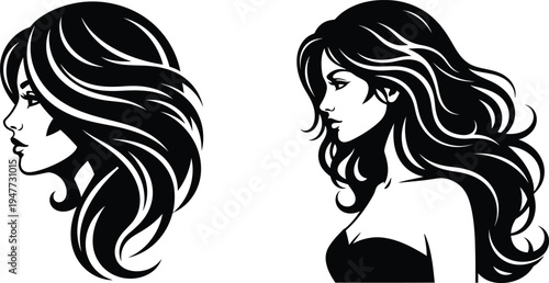 Black and white illustrations of a woman's hair styles
