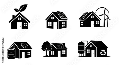 Eco-friendly Houses Icons: Green Energy, Solar, Wind, Recycling, Sustainable Living