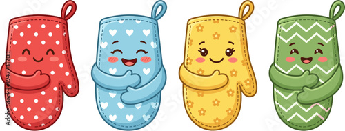 Four Kawaii Oven Mitts in Red Blue Yellow and Green with Heart and Zigzag Patterns