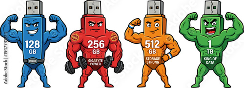 Four Muscular USB Flash Drives Showcasing Storage Capacity Blue Red Orange Green White Background Pixel Art Style