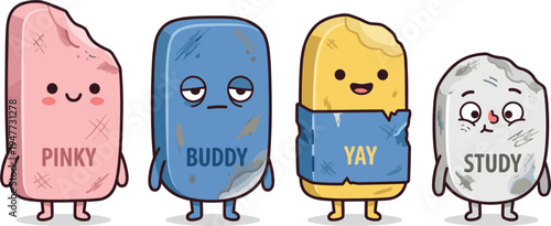 Four Pixel Art Erasers Pink Blue Yellow Gray With Faces And Names