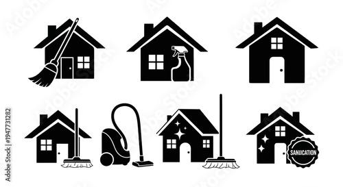 Home Cleaning Icons Set: House with Broom, Vacuum, Spray Bottle, Shine