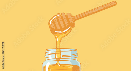 Golden honey dripping from dipper.