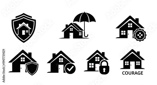 Home Security and Protection Icons: Shield, Umbrella, Lock, Checkmark, Gear, Courage