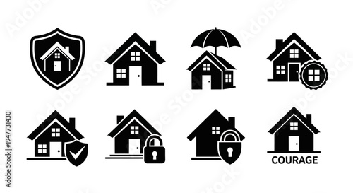 Home Security and Protection Icons: Shield, Lock, Umbrella, Checkmark, Safe House