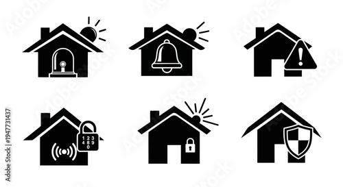 Home Security Icons: Alarm, Lock, Shield, Warning, Bell, Surveillance