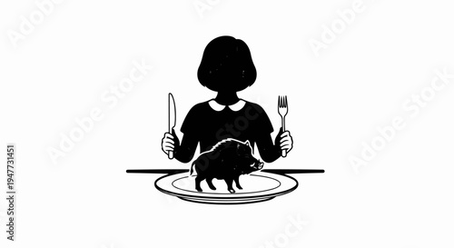 Person with fork and knife ready to eat a whole wild boar