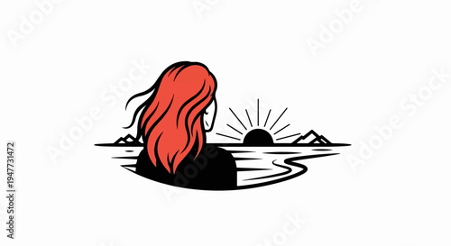Person with red hair looking at a sunrise over a lake with mountains