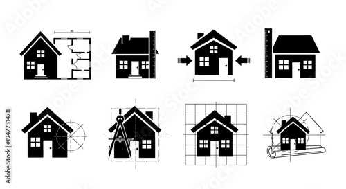 House Building Process Icons: Blueprint, Construction, Design, Measurement, Planning