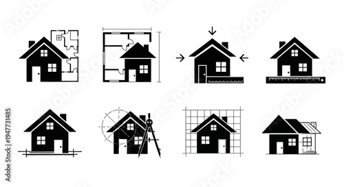 House Building Process Icons: Blueprint, Design, Construction, Measurement, Renovation