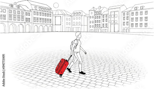 Person with red suitcase walks across cobblestone square with buildings