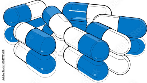 Pile of blue and white medical capsules, some overlapping, on a white background