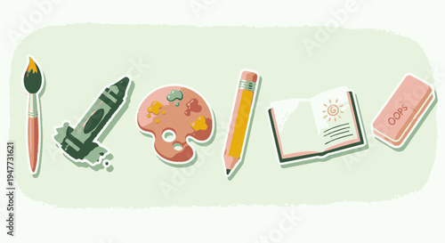 Art supplies on a table top.