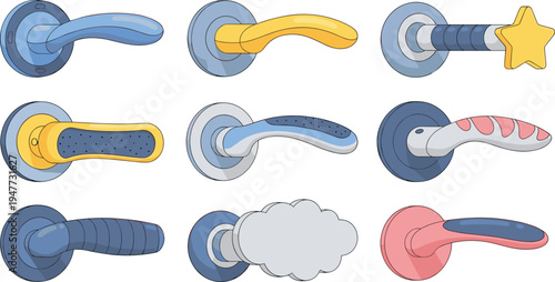 Cute Kids Door Handle Set with Colorful Cartoon Style Handles for Children Room Doors Nursery Interior Safety Hardware Vector Illustration