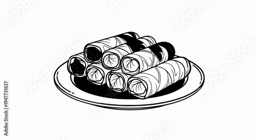 Pile of rolled spring rolls on a plate in a line art style