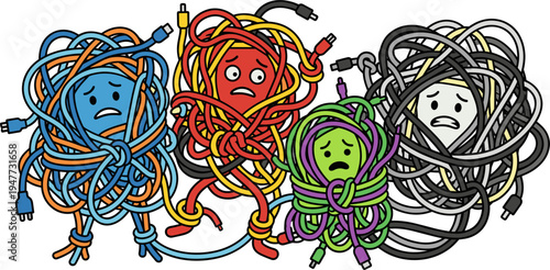 Four Tangled Cord Characters in Distress Showing Confusion and Chaos