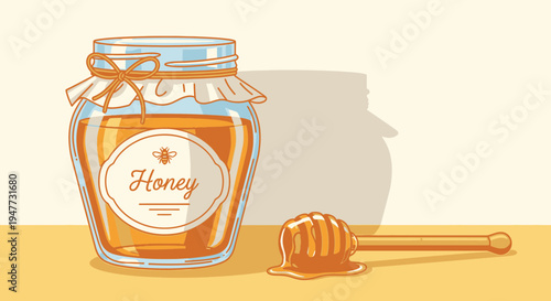 Jar of honey with dipper stick.
