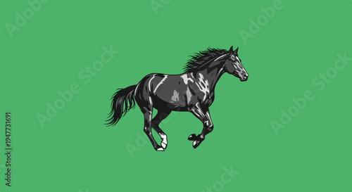 Pixelated black and white horse running on a plain green background