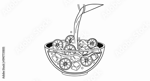 Pouring liquid into a bowl filled with citrus slices and ice cubes