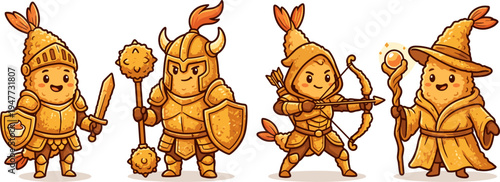 Pixel Art Shrimp Knights Archers and Wizards in Fantasy Armor Standing Together