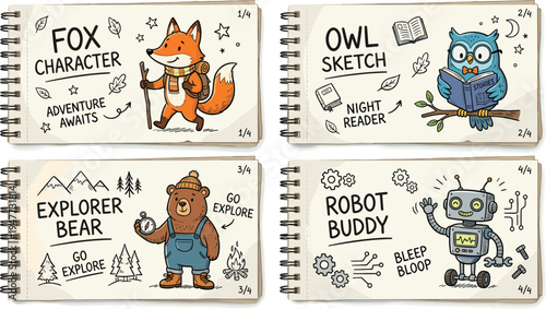 Hand Drawn Sketches Of A Fox Explorer Bear Robot And Owl On Notebook Pages